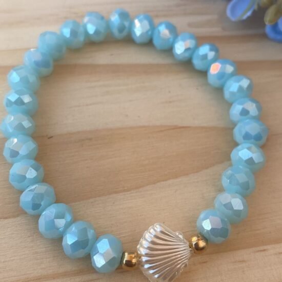 pulseira cristal concha plastico azul bebê brilhoso
